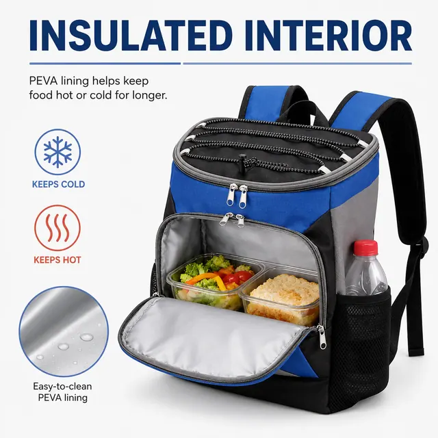 Insulated Lunch Backpack with Multiple Compartments and Bottle Pocket (Polyester, 31.5x16.5x45 cm) — construction detail view 1