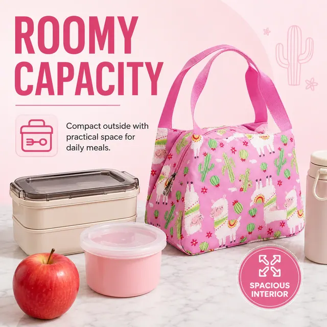 Llama Print Insulated Lunch Bag with Handles for Travel (Microfiber, 23.5x13x17.5 cm) — construction detail view 1