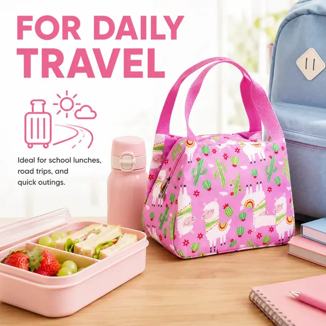 Llama Print Insulated Lunch Bag with Handles for Travel (Microfiber, 23.5x13x17.5 cm) — construction detail view 3