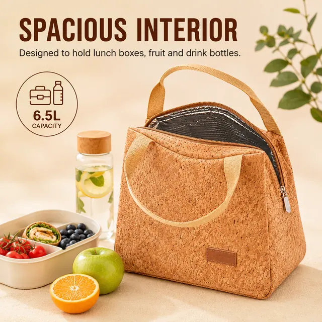 Natural Cork Insulated Lunch Bag with Handles for Travel (Cork Leather, 23.5x13x17.5cm) — construction detail view 1
