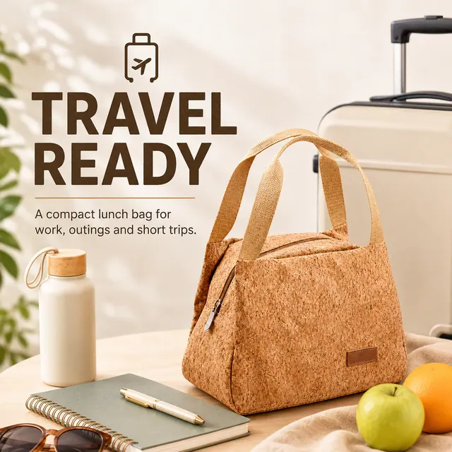 Natural Cork Insulated Lunch Bag with Handles for Travel (Cork Leather, 23.5x13x17.5cm) — construction detail view 2