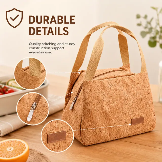 Natural Cork Insulated Lunch Bag with Handles for Travel (Cork Leather, 23.5x13x17.5cm) — construction detail view 3