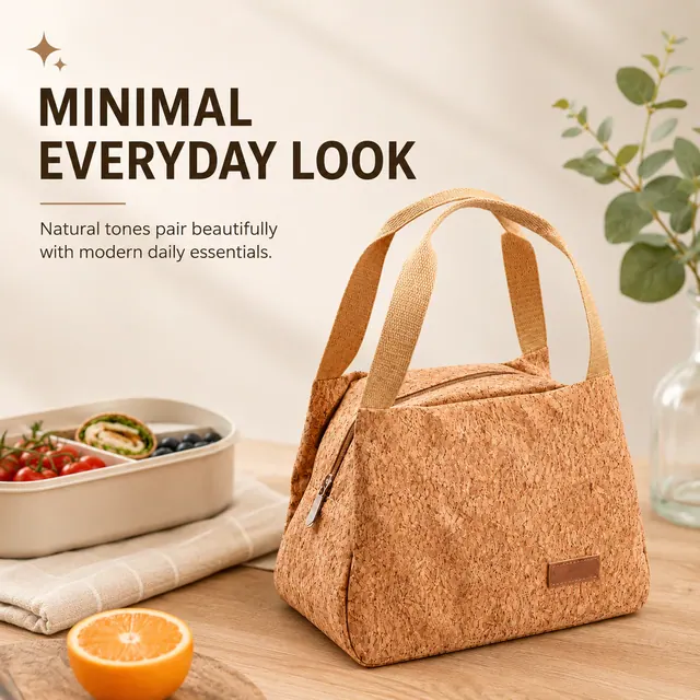 Natural Cork Insulated Lunch Bag with Handles for Travel (Cork Leather, 23.5x13x17.5cm) — construction detail view 4