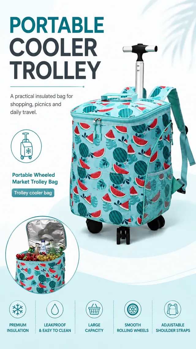 Portable Wheeled Market Trolley Bag — Microfiber & 600D Polyester Insulated Cooler 30×24.5×40.5cm — construction detail view 1