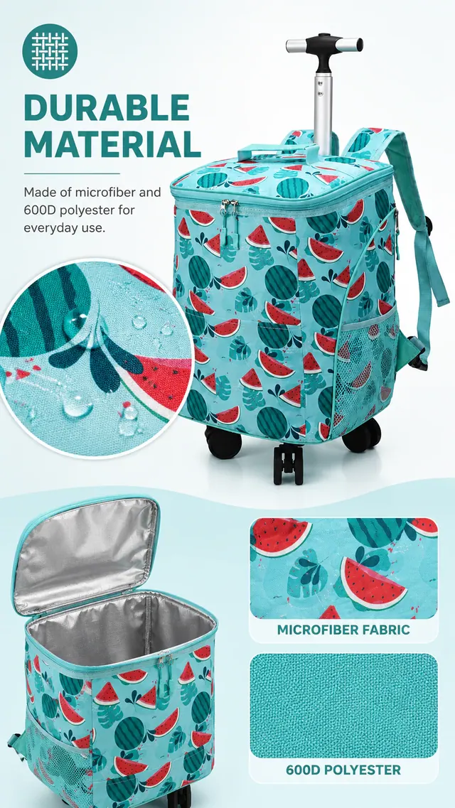 Portable Wheeled Market Trolley Bag — Microfiber & 600D Polyester Insulated Cooler 30×24.5×40.5cm — construction detail view 2