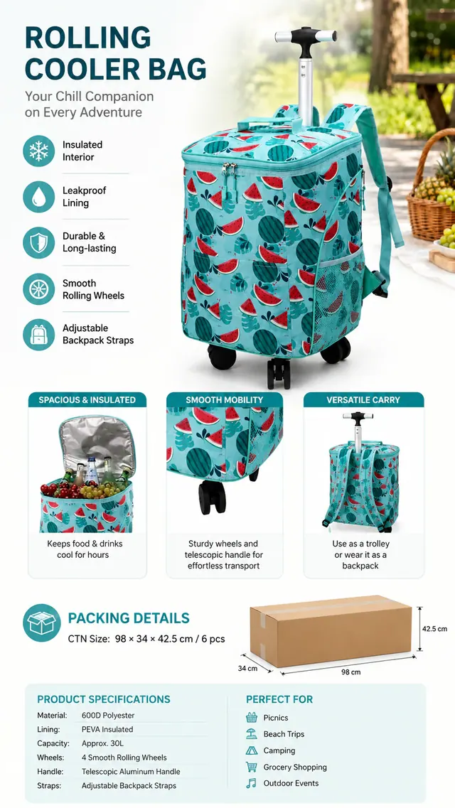 Portable Wheeled Market Trolley Bag — Microfiber & 600D Polyester Insulated Cooler 30×24.5×40.5cm — construction detail view 4