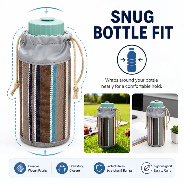Reusable Water Bottle Sleeve with Drawstring Closure (9*9*16.5cm, Teslin, Striped) — construction detail view 1