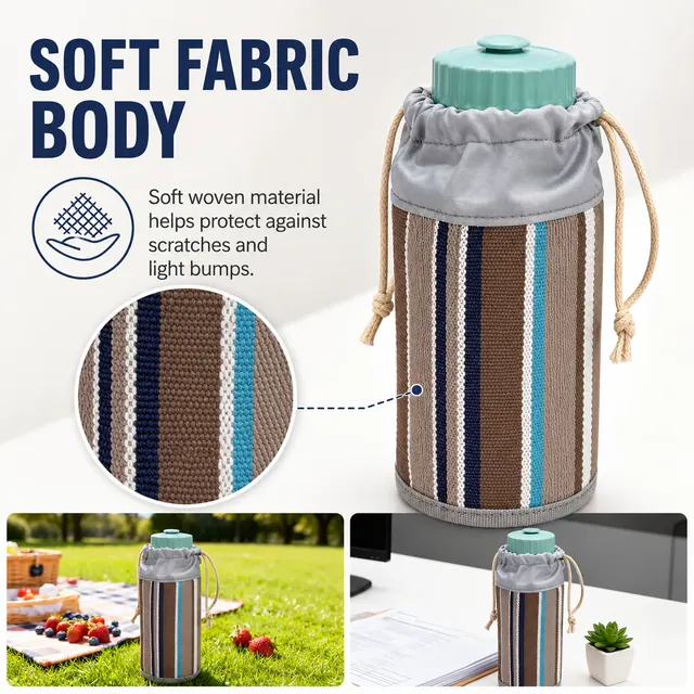 Reusable Water Bottle Sleeve with Drawstring Closure (9*9*16.5cm, Teslin, Striped) — construction detail view 2