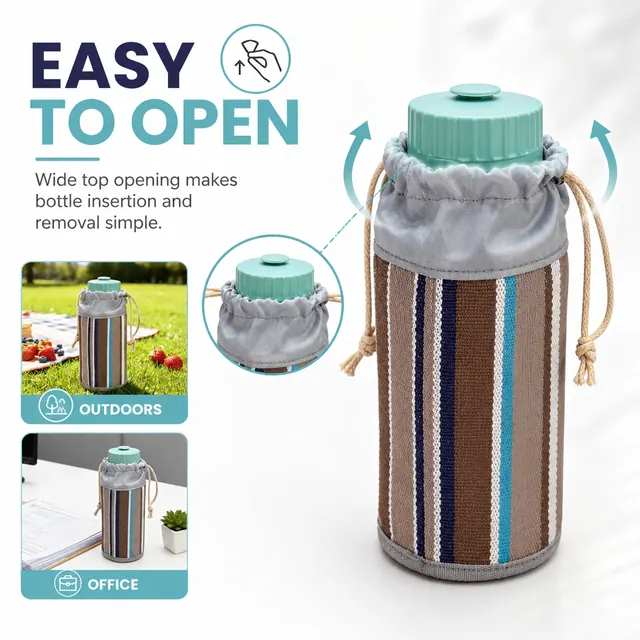 Reusable Water Bottle Sleeve with Drawstring Closure (9*9*16.5cm, Teslin, Striped) — construction detail view 3