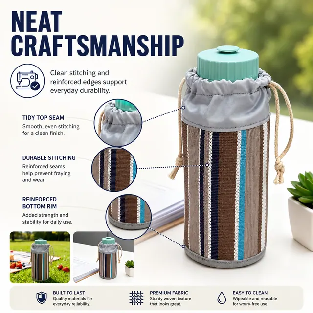 Reusable Water Bottle Sleeve with Drawstring Closure (9*9*16.5cm, Teslin, Striped) — construction detail view 4