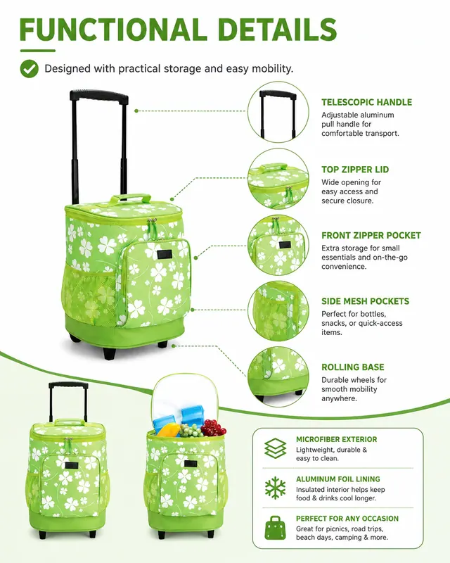 Insulated Rolling Cooler Trolley Bag for Outdoor — Microfiber, 30.5×28×34.5 cm — construction detail view 3