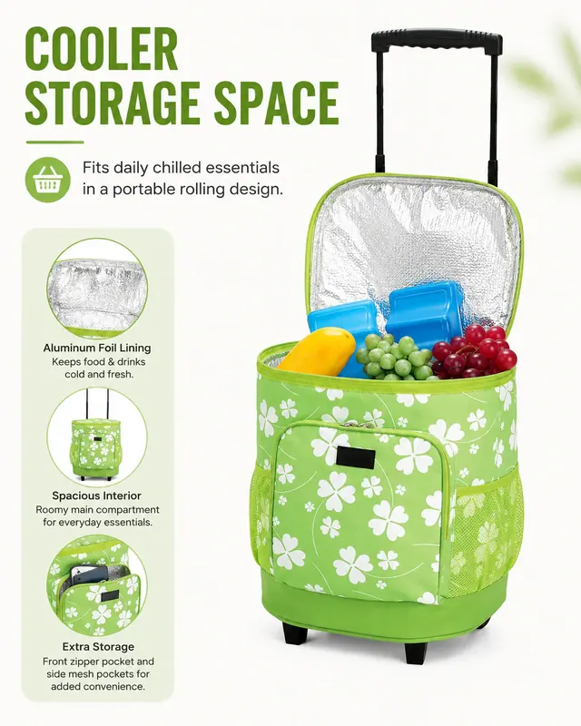 Insulated Rolling Cooler Trolley Bag for Outdoor — Microfiber, 30.5×28×34.5 cm — construction detail view 4