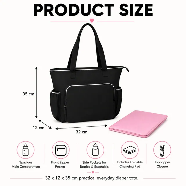 Spacious Baby Diaper Tote Bag — 32 x 12 x 35 cm — construction detail view 1