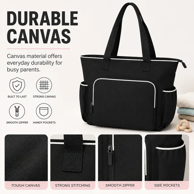 Spacious Baby Diaper Tote Bag — 32 x 12 x 35 cm — construction detail view 2