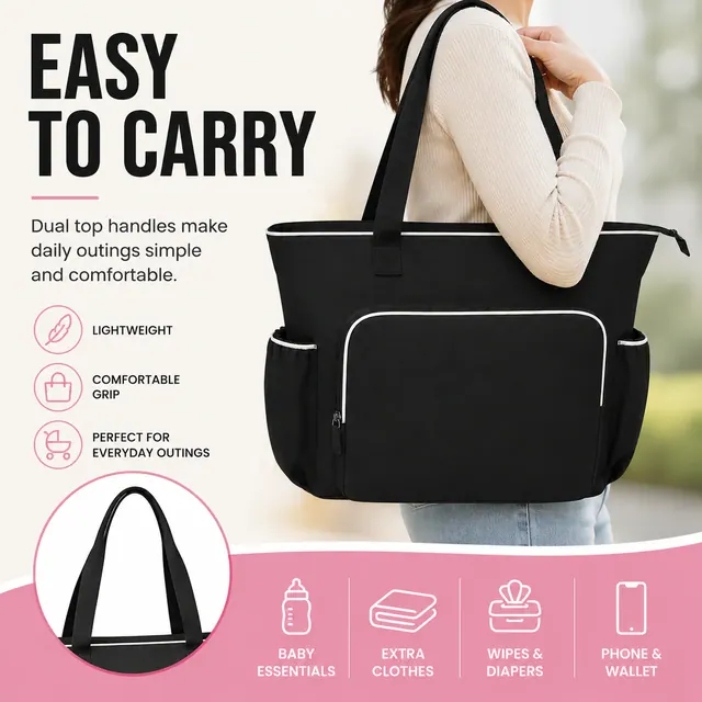 Spacious Baby Diaper Tote Bag — 32 x 12 x 35 cm — construction detail view 4