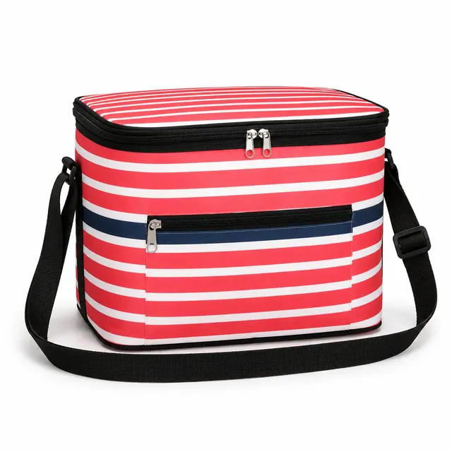 Striped Insulated Lunch Bag with Adjustable Shoulder Strap (420D PVC, 23x17x20cm)