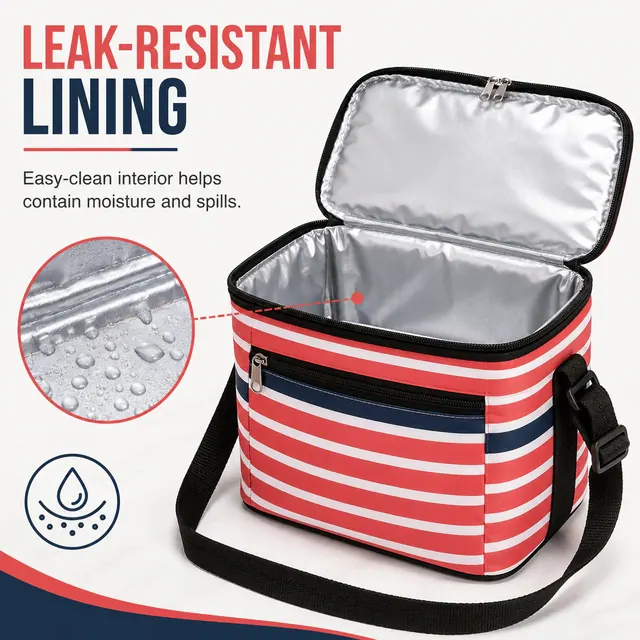 Striped Insulated Lunch Bag with Adjustable Shoulder Strap (420D PVC, 23x17x20cm) — construction detail view 2