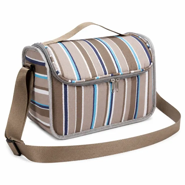 Striped Insulated Lunch Bag with Adjustable Shoulder Strap (420D/PVC, 35x26x32cm)