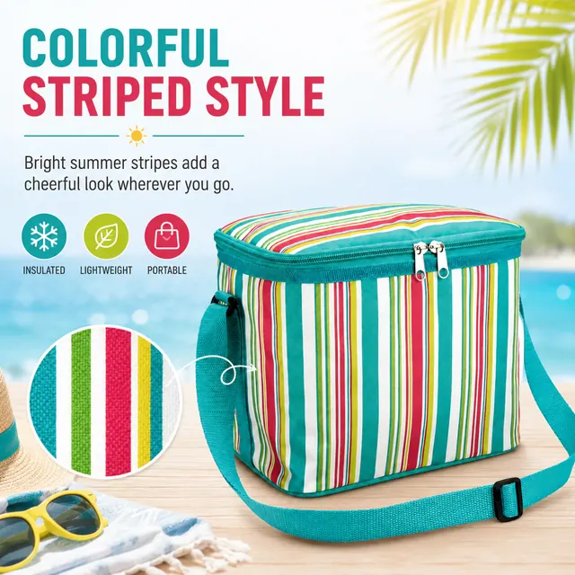 Striped Insulated Lunch Bag with Adjustable Shoulder Strap (600D/PU, 30x14x19cm) — construction detail view 1