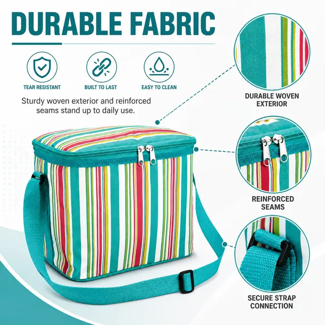 Striped Insulated Lunch Bag with Adjustable Shoulder Strap (600D/PU, 30x14x19cm) — construction detail view 2