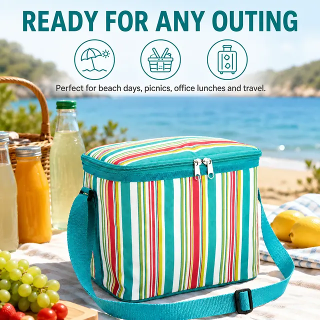 Striped Insulated Lunch Bag with Adjustable Shoulder Strap (600D/PU, 30x14x19cm) — construction detail view 4