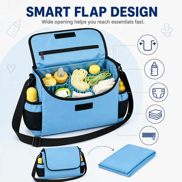 Stylish Baby Diaper Messenger Bag — 41 x 12 x 26 cm — construction detail view 3