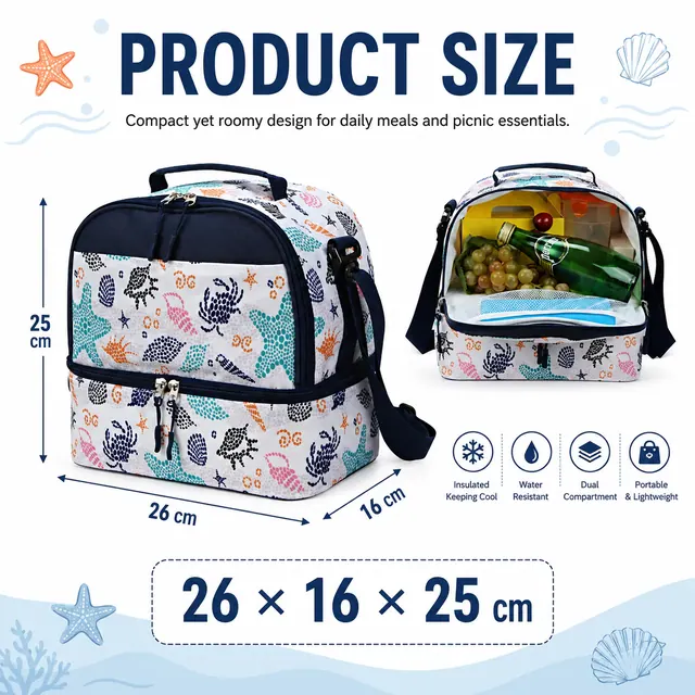 Toucan Print Insulated Lunch Bag with Adjustable Strap (Polyester, 22x15.5x34cm) — construction detail view 1
