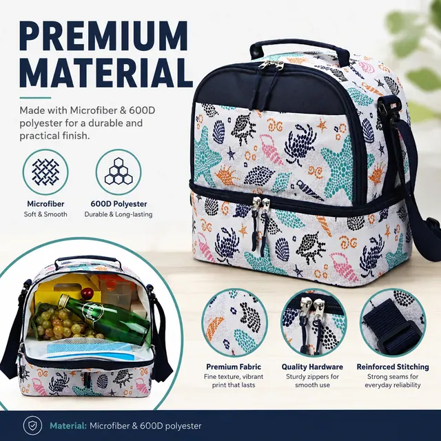 Toucan Print Insulated Lunch Bag with Adjustable Strap (Polyester, 22x15.5x34cm) — construction detail view 2