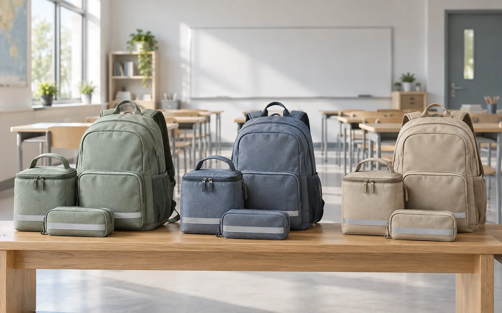 Children's school backpacks with matching lunch bags and pencil cases lined up on a classroom bench