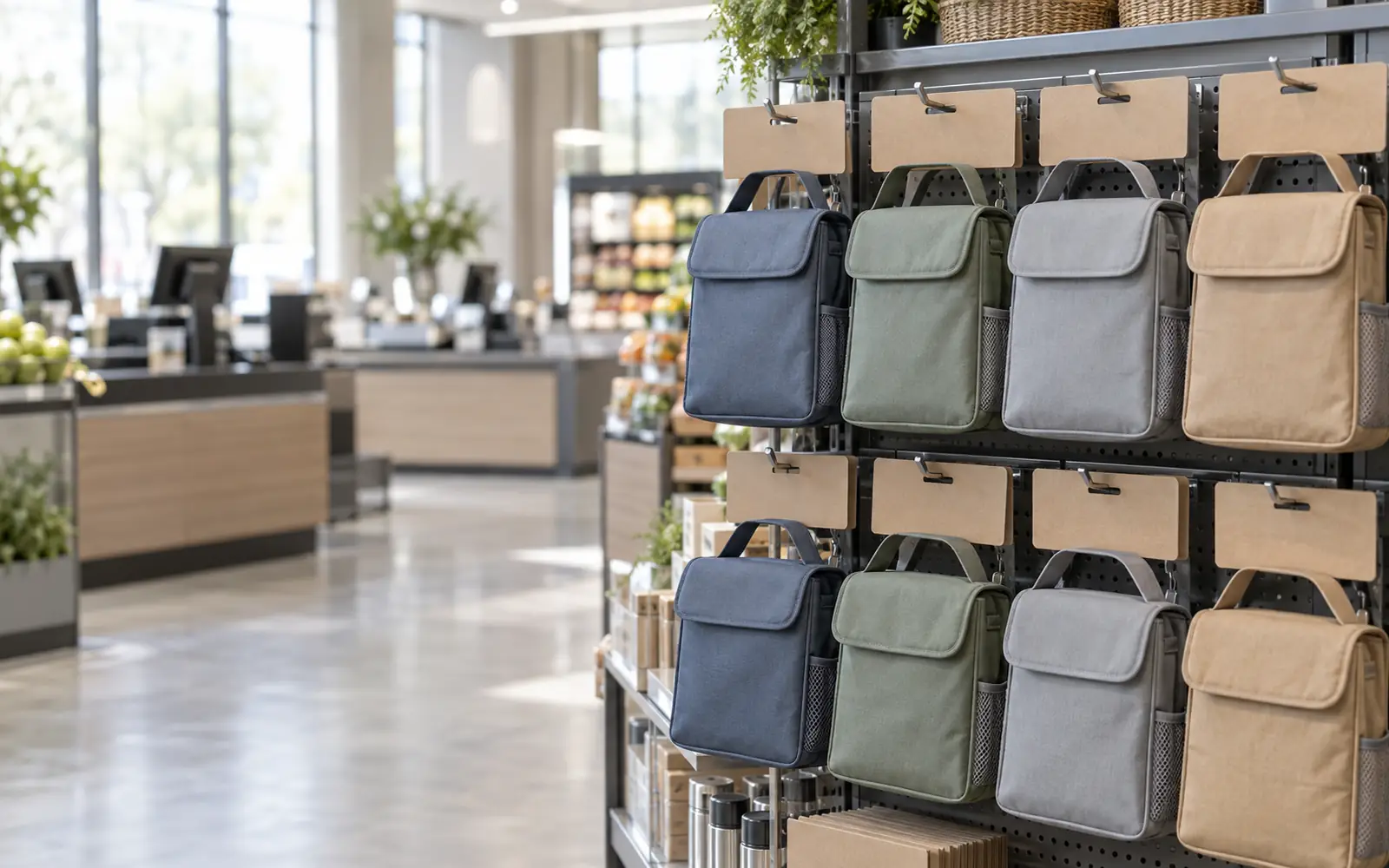 Insulated lunch bags in four muted colours with blank header cards on a grocery store display